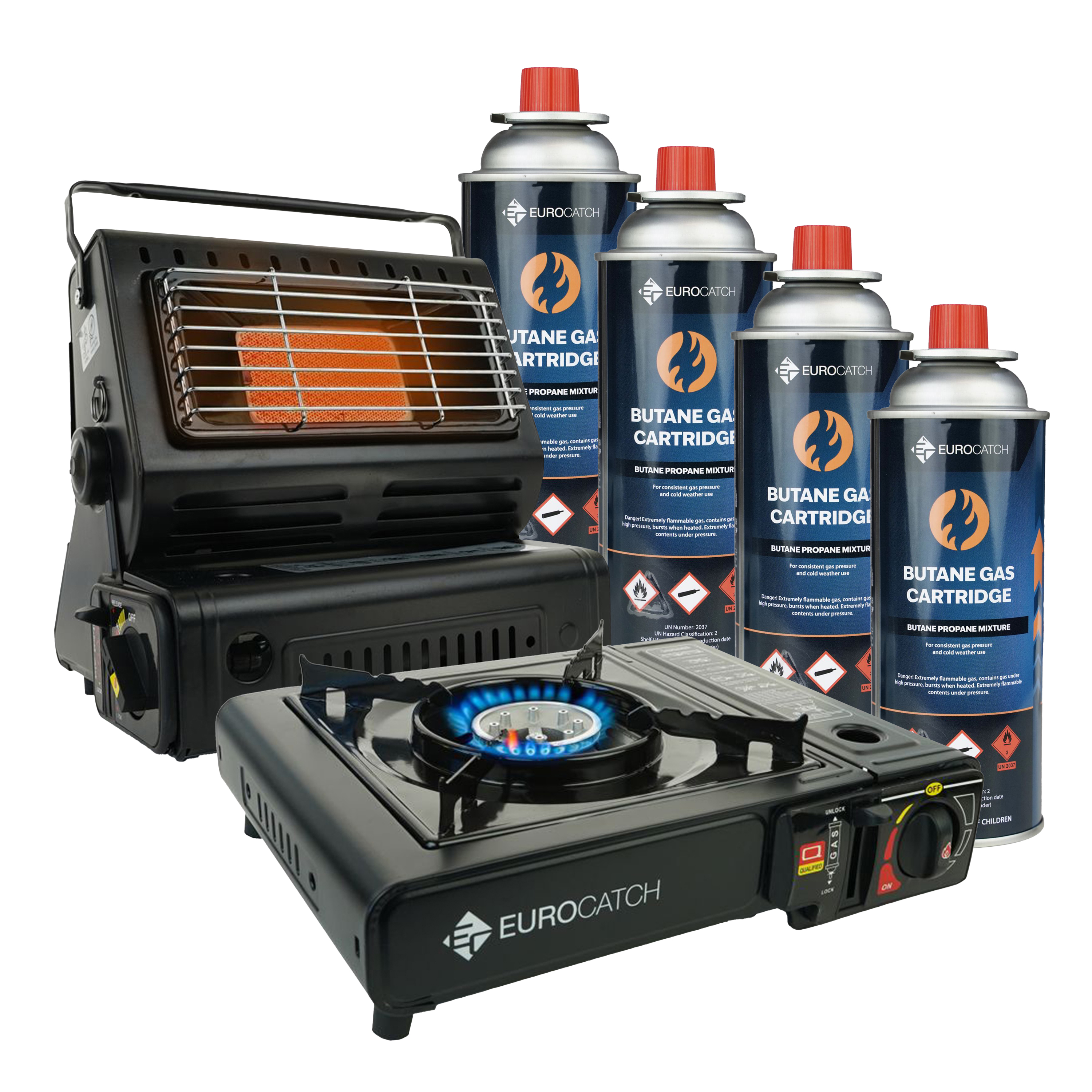 Eurocatch Gaskachel & Kooktoestel - Camping set - 4 Butaan Gasbussen - Gasstel - Gaspit - Kachel - Heater