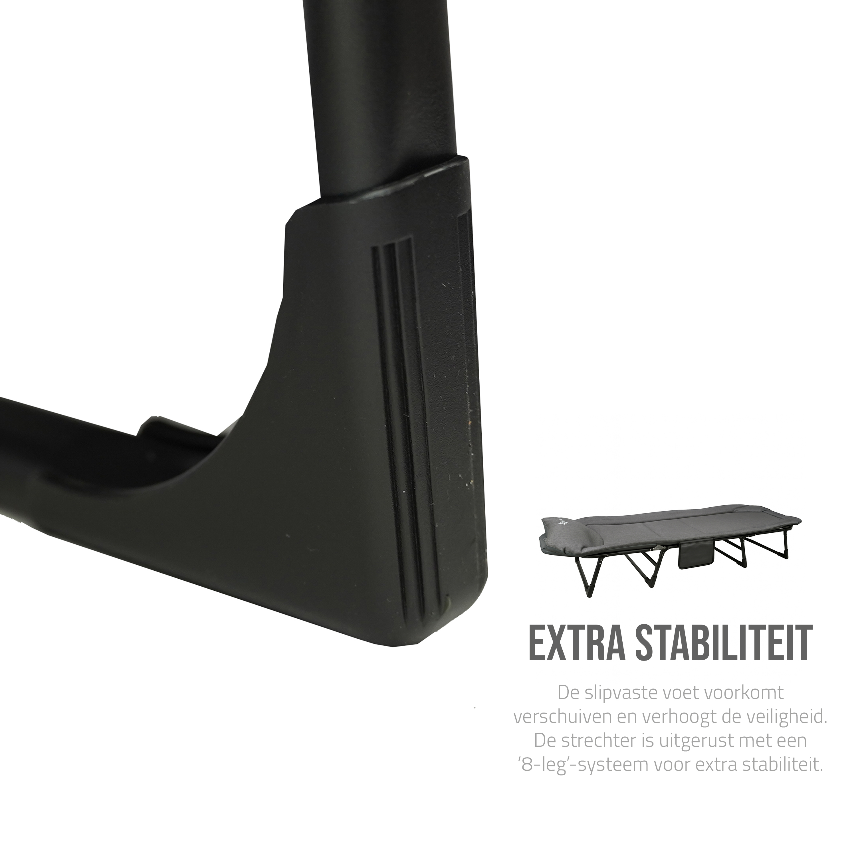 Eurocatch Opvouwbare Camping Stretcher – Verstelbaar Veldbed met 5-Standen Rugleuning, 4 Stevige Beugels, Zijvak, Gevuld Hoofdkussen – Compact & Comfortabel – 195×65×27 cm