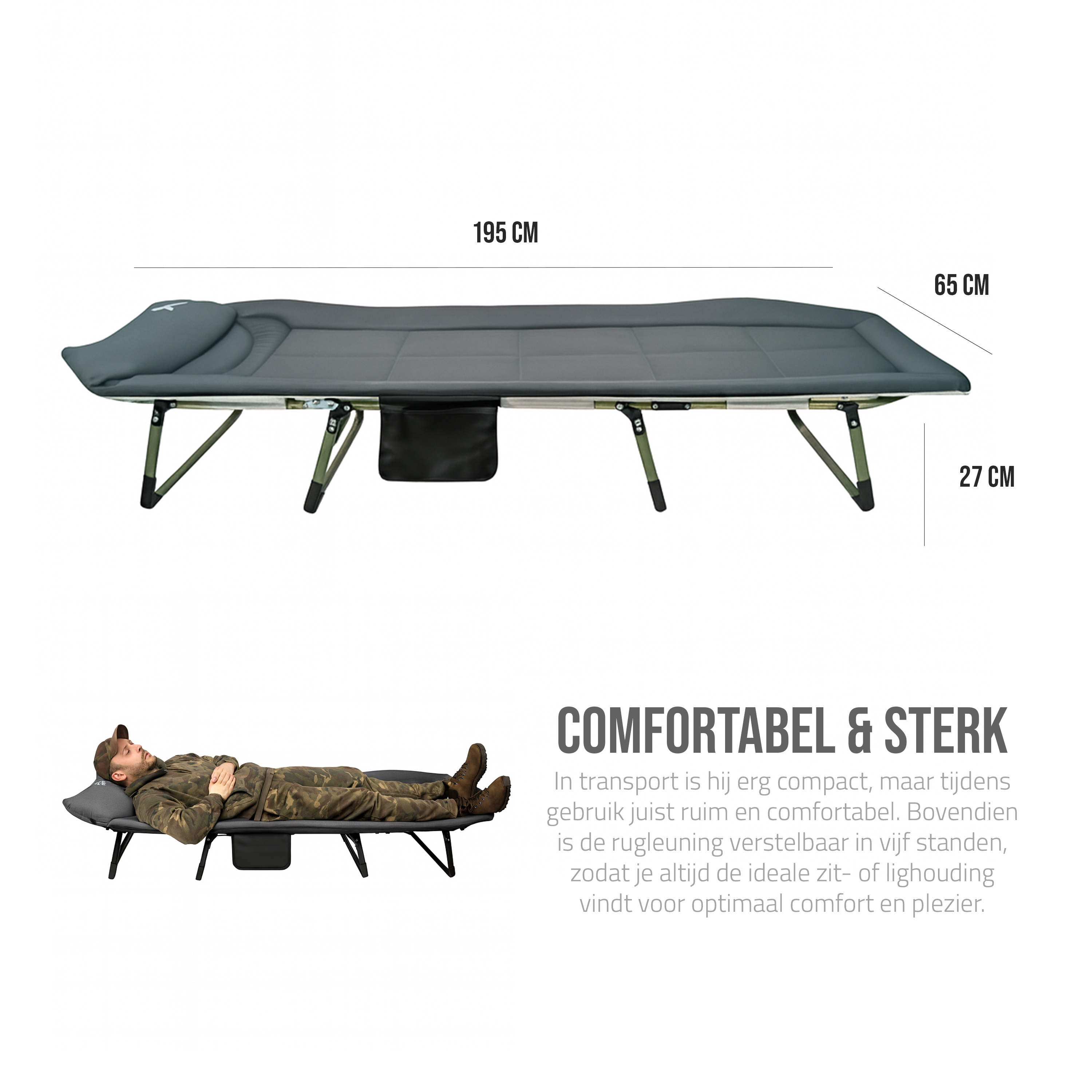 Eurocatch Karperstretcher Bedchair – 8-Poot Verstelbaar Campingbed met 5-Standen Rugleuning, Gevuld Hoofdeinde, Zijvak & Inklapbaar– Groen – 195×65×27 cm