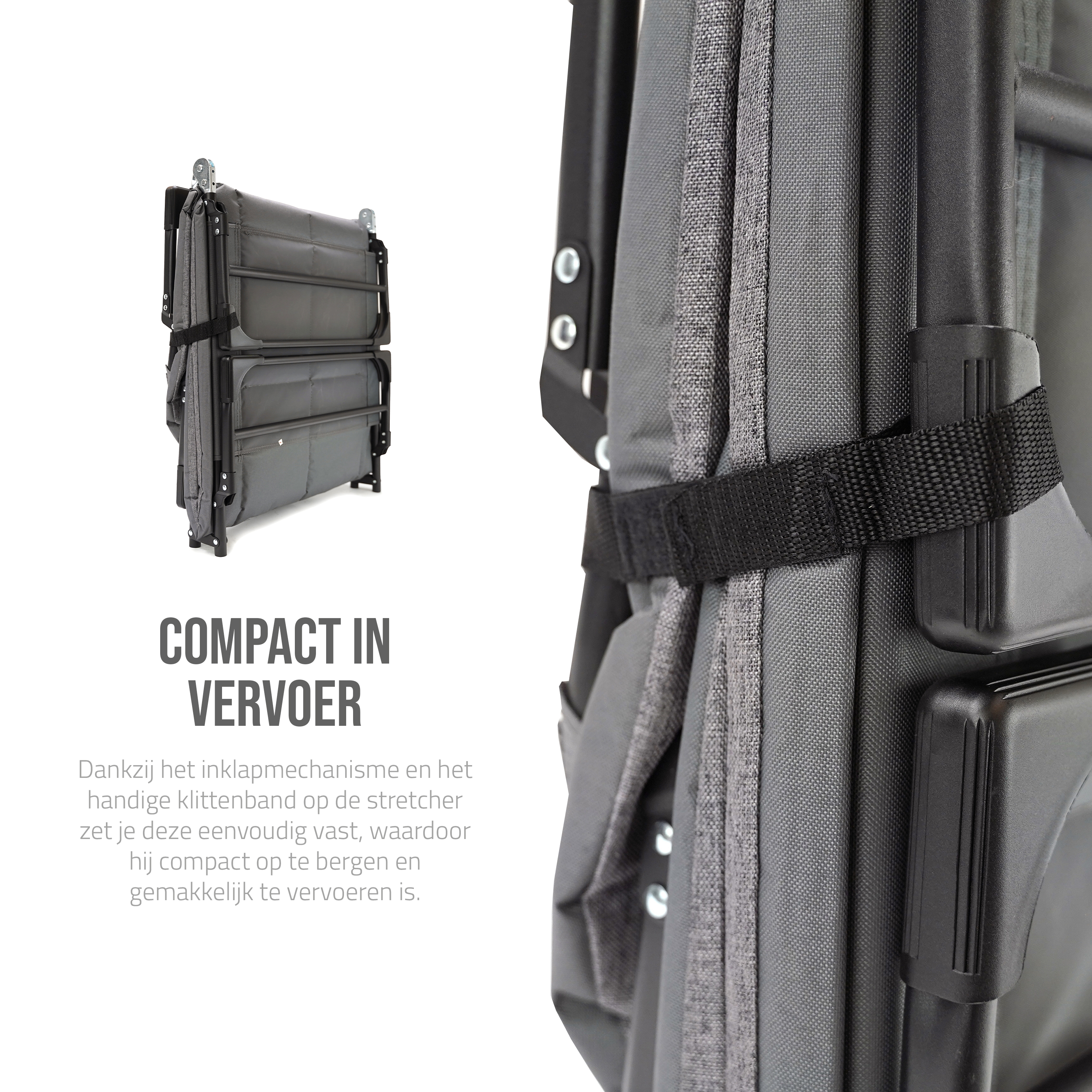 Eurocatch Opvouwbare Camping Stretcher – Verstelbaar Veldbed met 5-Standen Rugleuning, 4 Stevige Beugels, Zijvak, Gevuld Hoofdkussen – Compact & Comfortabel – 195×65×27 cm