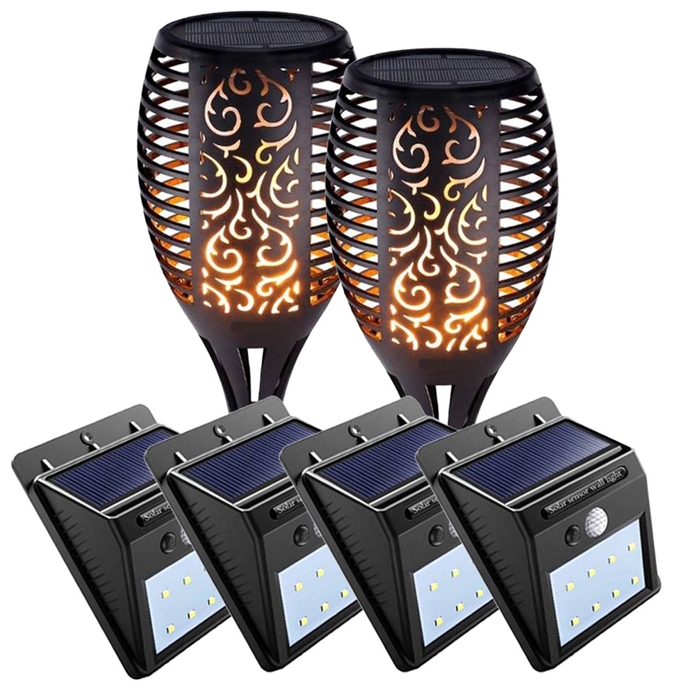Eurocatch Solar Verlichting set 6 -delen | Tuin Verlichting Set |  4 x Muurlampen + 2 x Tuinfakkels | Veiligheid | Voordeel set ! 