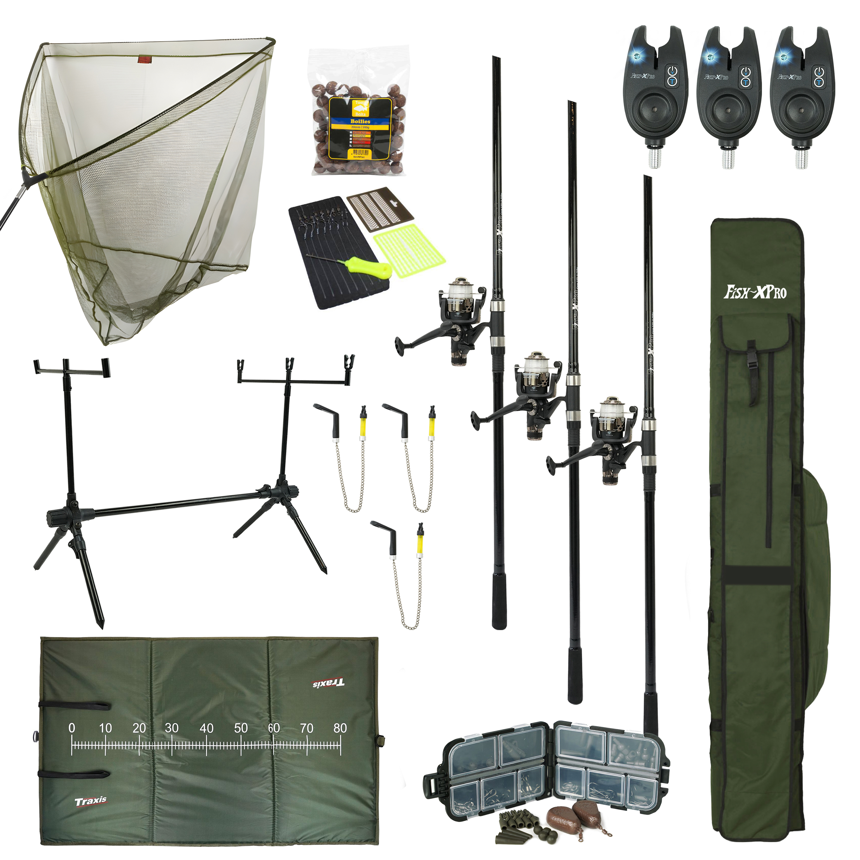 Fish-Xpro Improve mega Karperset 3-rod - 3 Hengels - Molens - Karpernet - Rodpod -Beetmelders - Onthaakmat - Foudraal