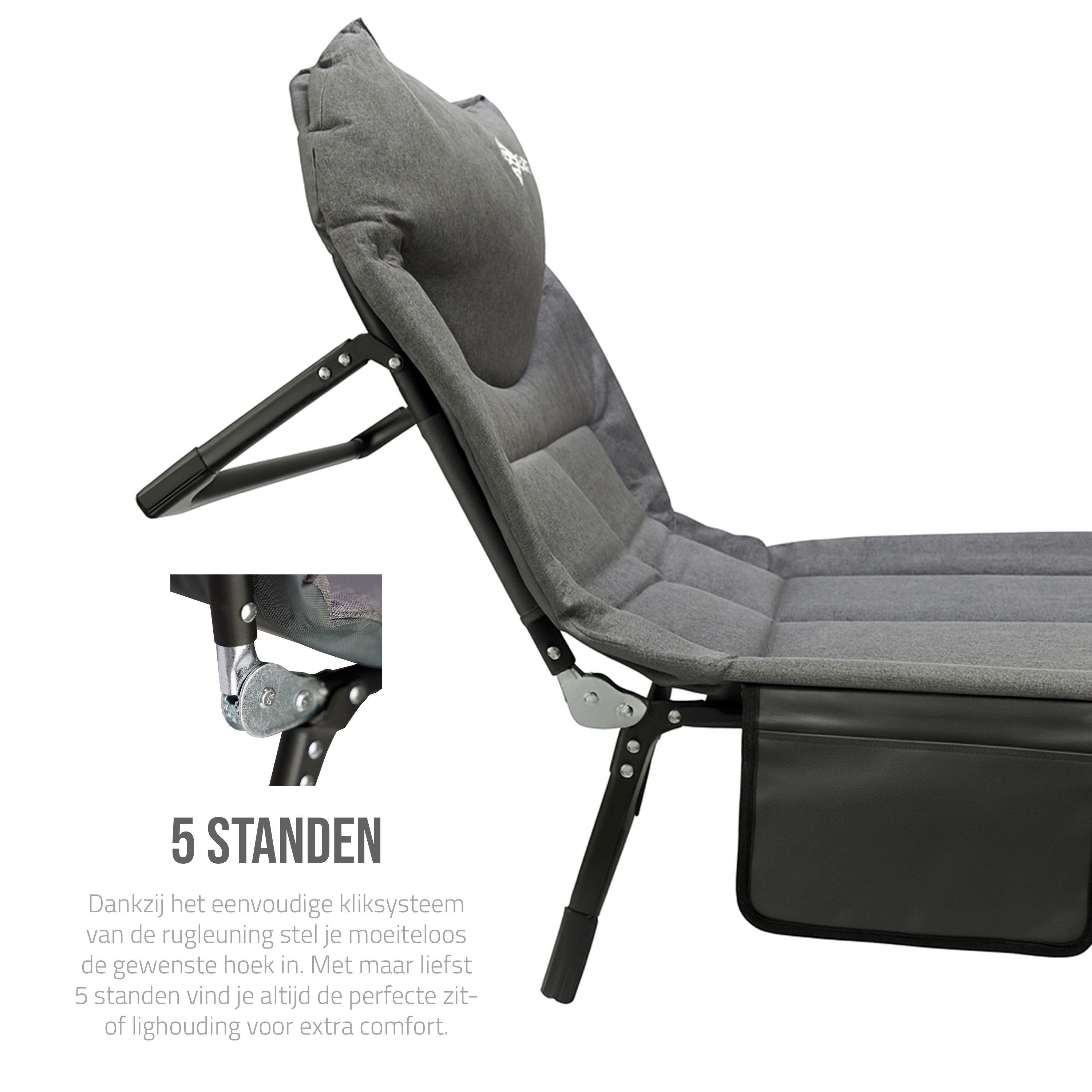 Eurocatch Opvouwbare Camping Stretcher – Verstelbaar Veldbed met 5-Standen Rugleuning, 4 Stevige Beugels, Zijvak, Gevuld Hoofdkussen – Compact & Comfortabel – 195×65×27 cm