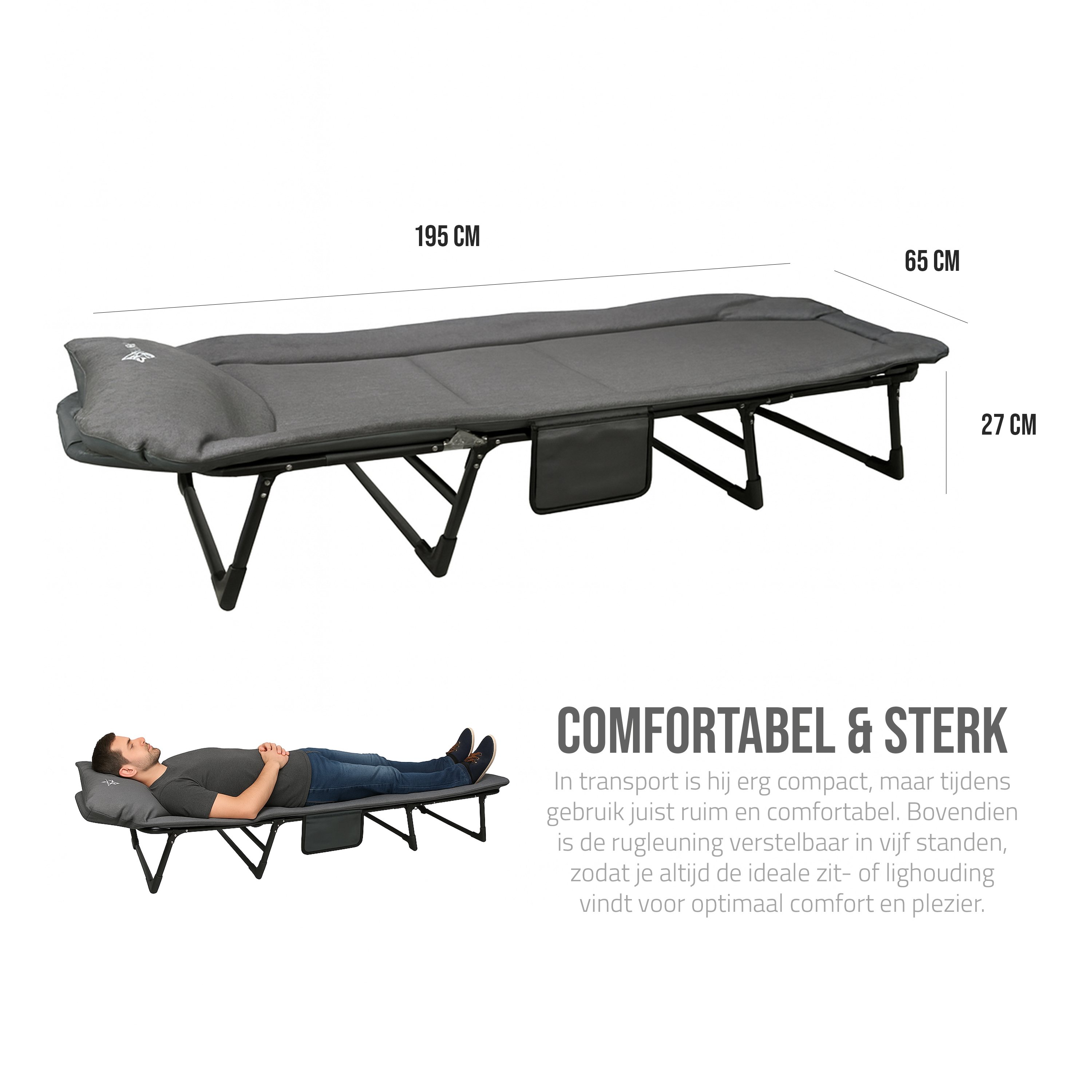 Eurocatch Opvouwbare Camping Stretcher – Verstelbaar Veldbed met 5-Standen Rugleuning, 4 Stevige Beugels, Zijvak, Gevuld Hoofdkussen – Compact & Comfortabel – 195×65×27 cm