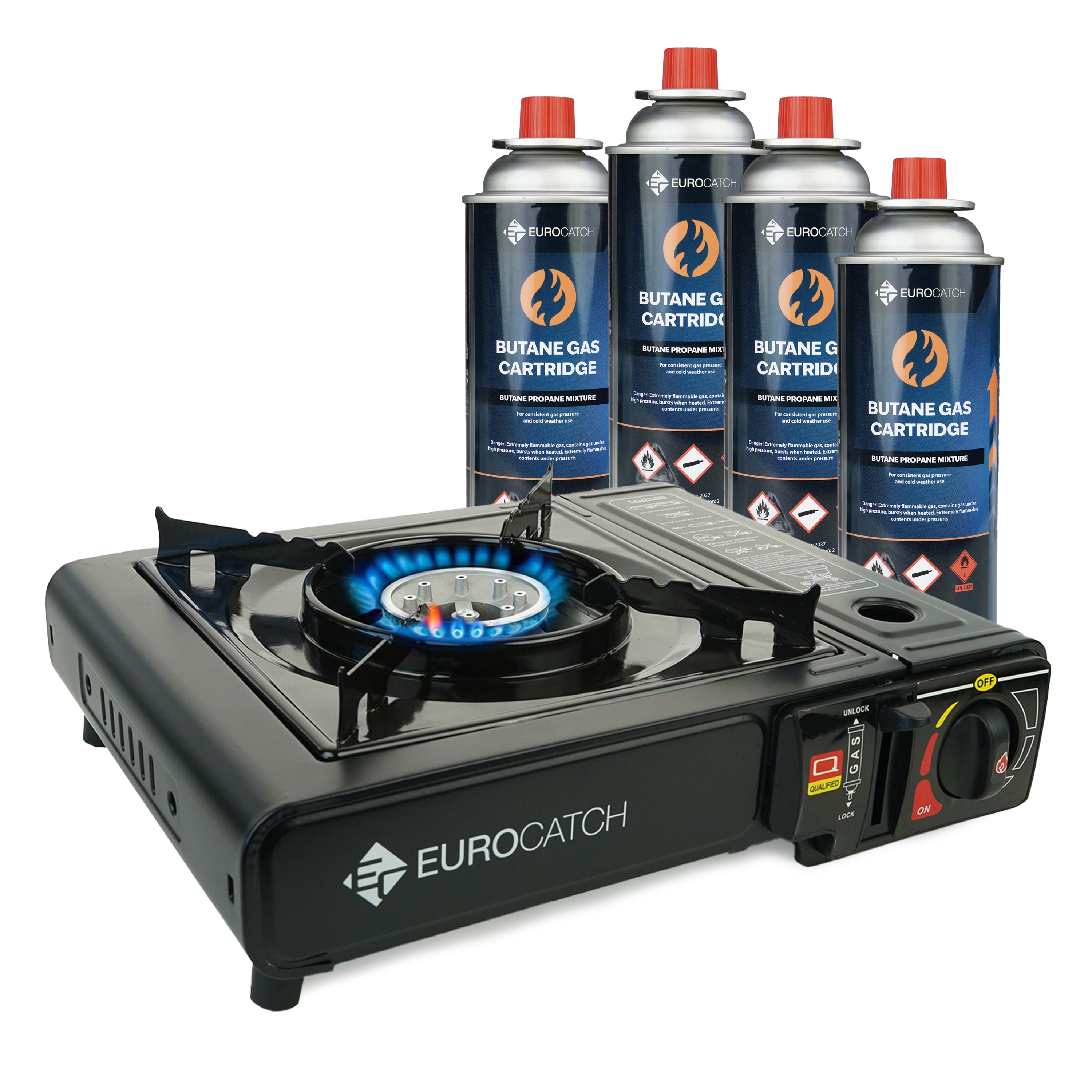 Eurocatch Outdoor - Kooktoestel op Gas - incl 4 Gasbussen -Gas Stove - Camping Kooktoestel - Gaspit - Gasfornuis - Gasstel - Cooker - Draagkoffer