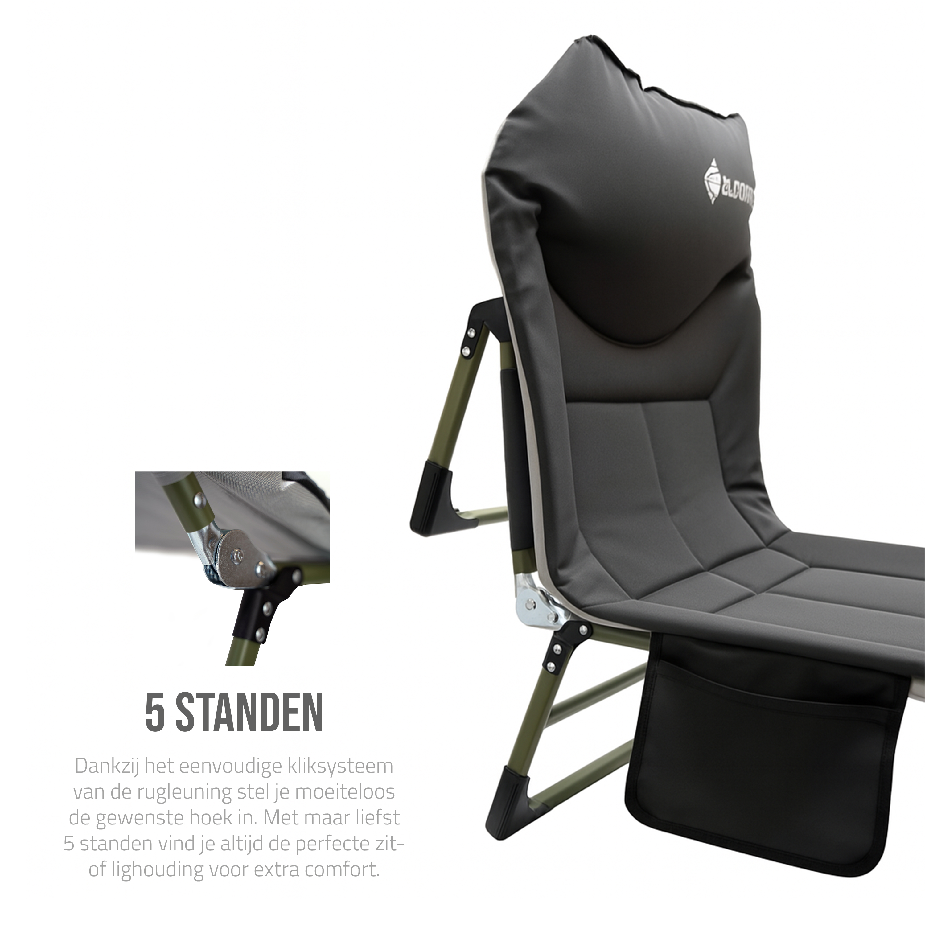 Eurocatch Karperstretcher Bedchair – 8-Poot Verstelbaar Campingbed met 5-Standen Rugleuning, Gevuld Hoofdeinde, Zijvak & Inklapbaar– Groen – 195×65×27 cm