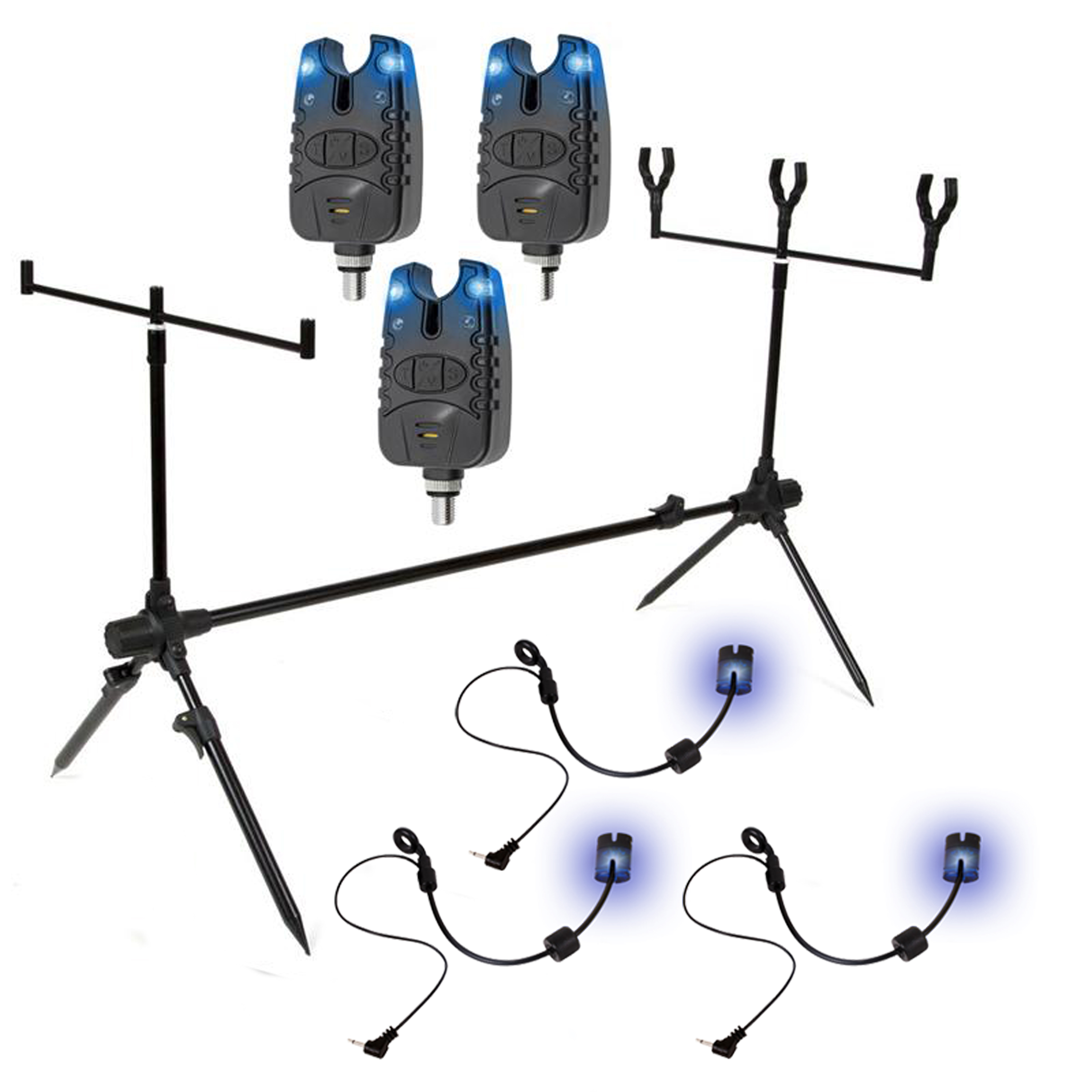 X2 Base Rodpod - Set - Incl 3 Beetmelders - 3 Swingers - Zwart - Blauwe Leds - Karpervissen