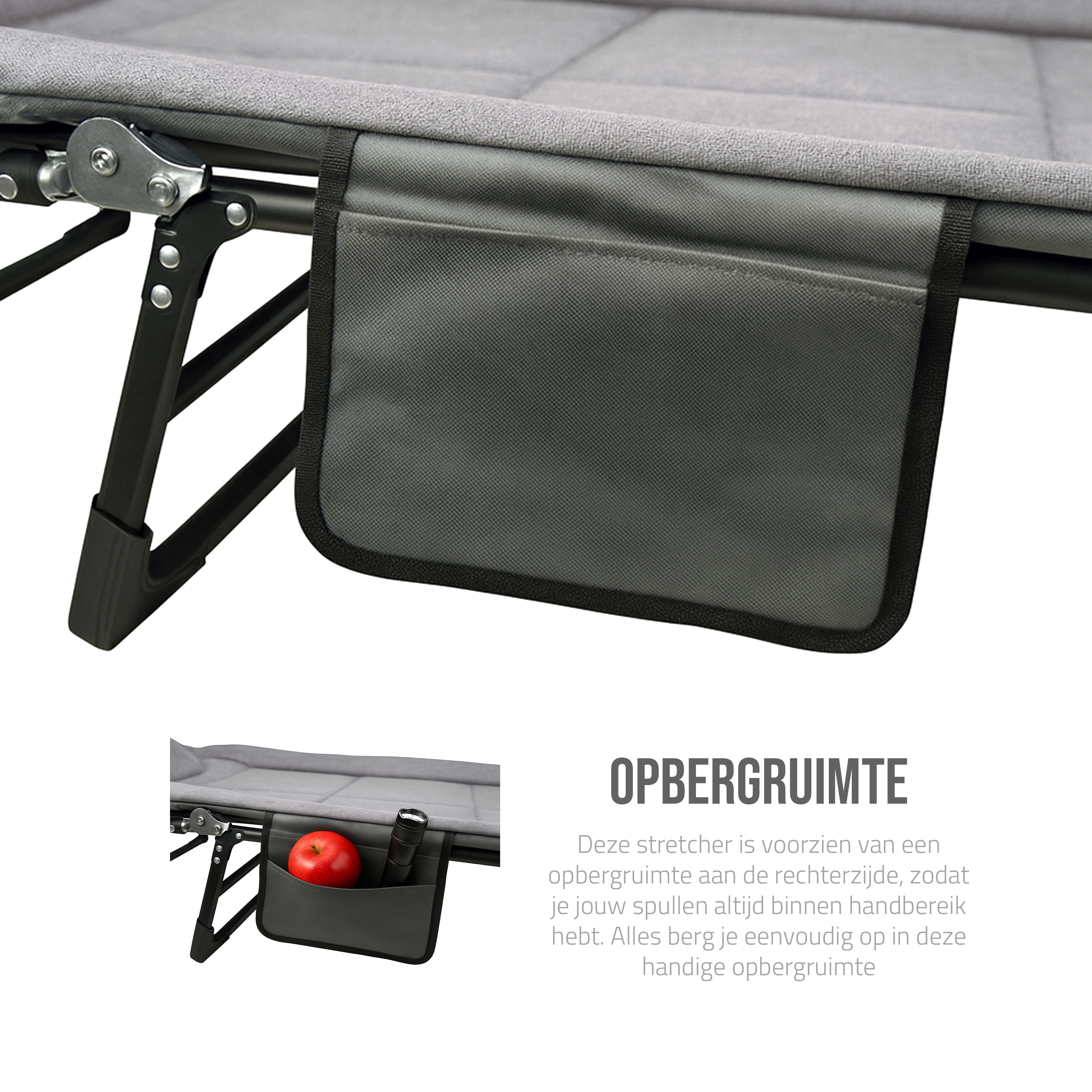 Eurocatch Opvouwbare Camping Stretcher – Verstelbaar Veldbed met 5-Standen Rugleuning, 4 Stevige Beugels, Zijvak, Gevuld Hoofdkussen – Compact & Comfortabel – 195×65×27 cm