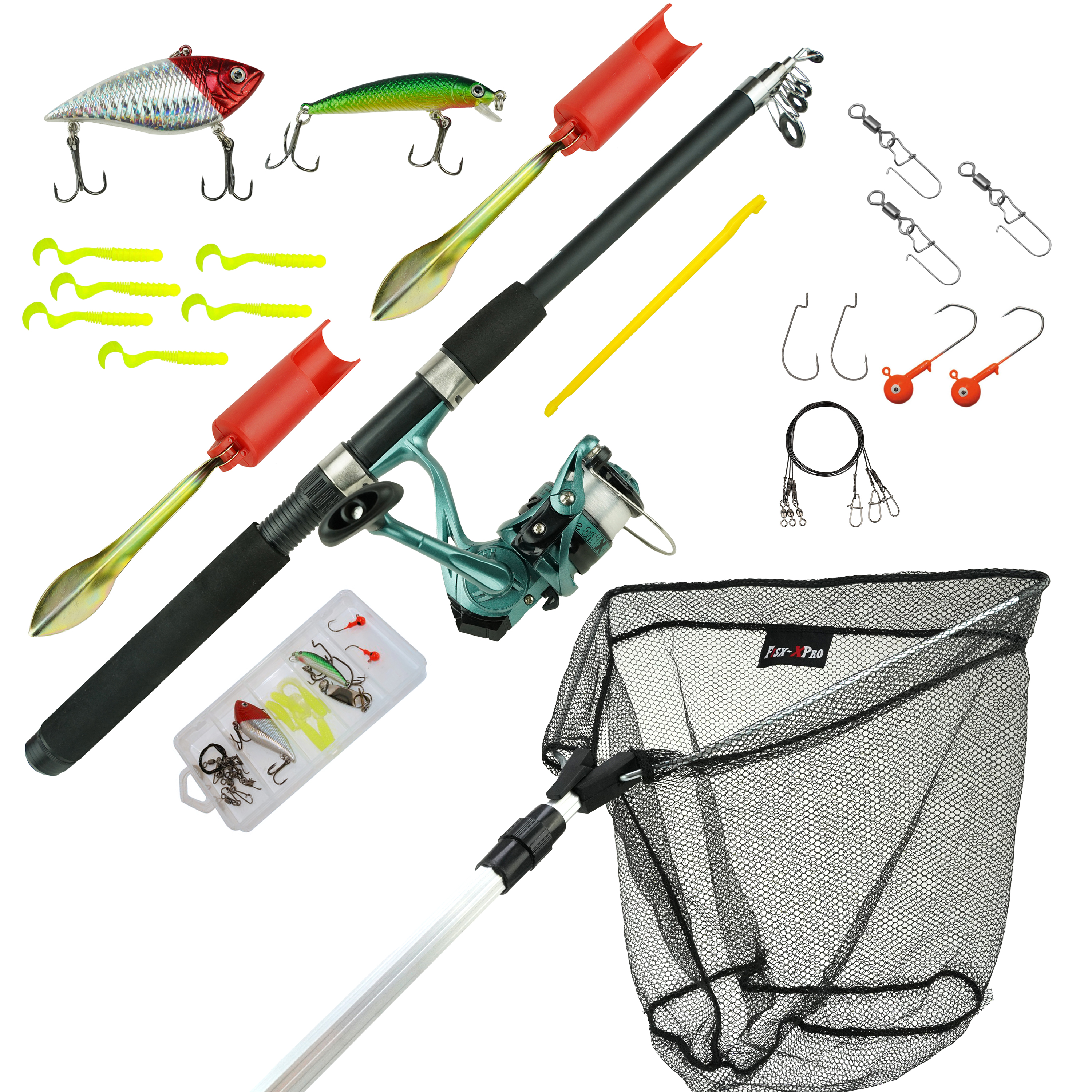 Fish-Xpro Allround Vishengel Set  2,10m - Werpmolen met Nylon - Schepnet 40x40 - Hengelsteun - Tackle Box met Accessoires