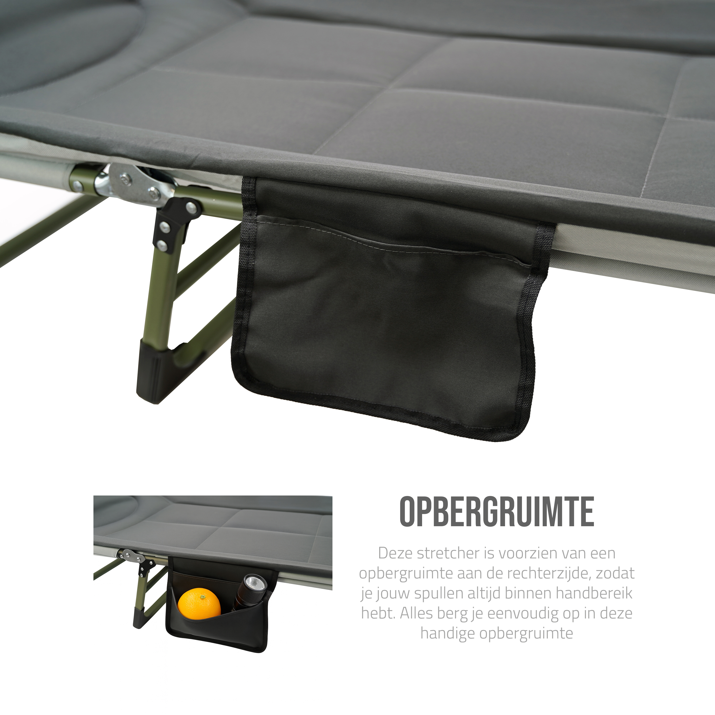 Eurocatch Karperstretcher Bedchair – 8-Poot Verstelbaar Campingbed met 5-Standen Rugleuning, Gevuld Hoofdeinde, Zijvak & Inklapbaar– Groen – 195×65×27 cm