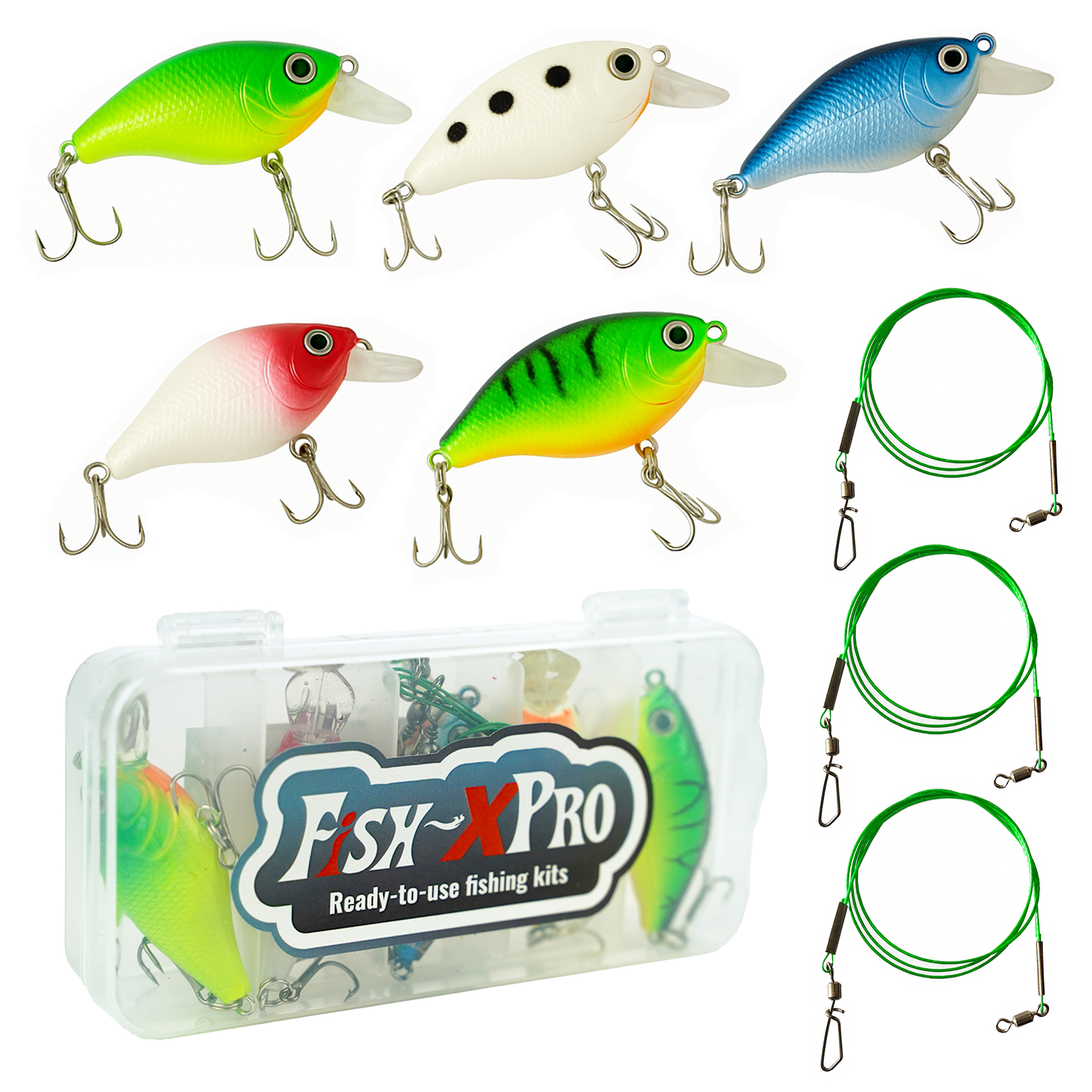 Fish-Xpro Fishinglure set - 5delig - Kunstaas set - Pluggen - Dreggen - incl. Stalen Onderlijnen - Tacklebox- Roofvissen - Snoek Baars
