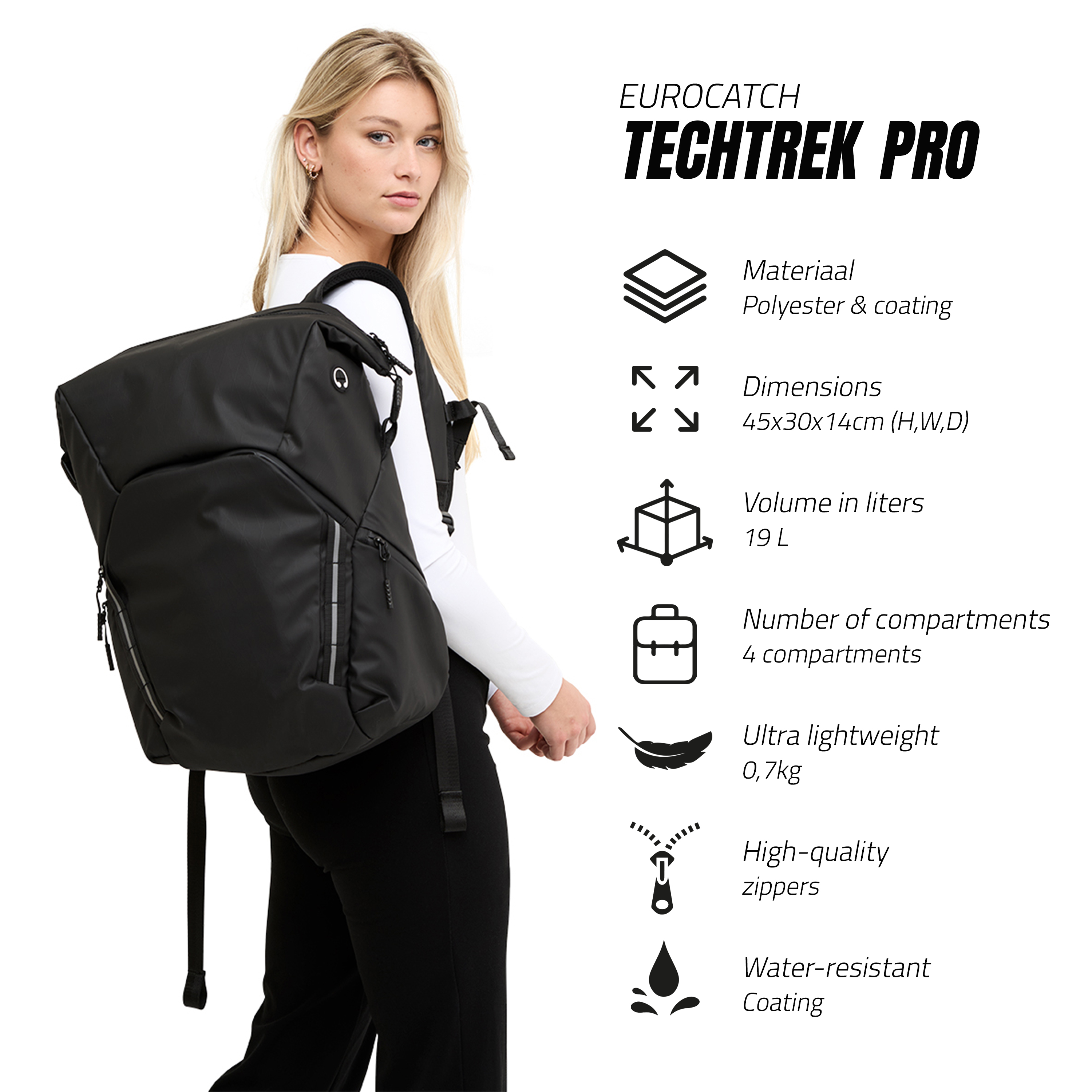 TechTrek Pro - Rugtas - 19L - Backpack - Waterbestendig - Rugzak - Zwart