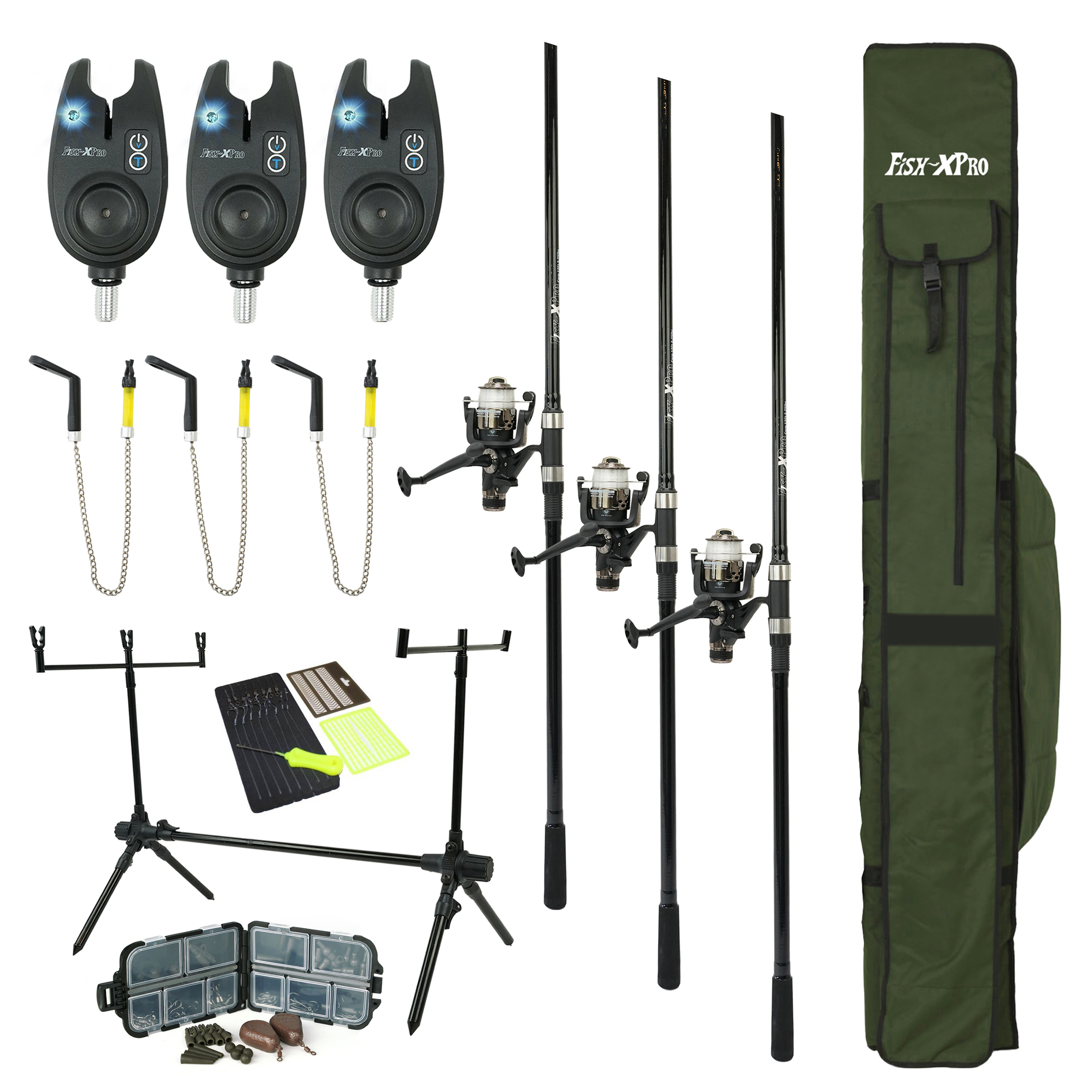 FISH-XPRO Karpfenset - Carpset Pro Improve Set - 3-Rod - Karpfenruten-Set - 96-teilig