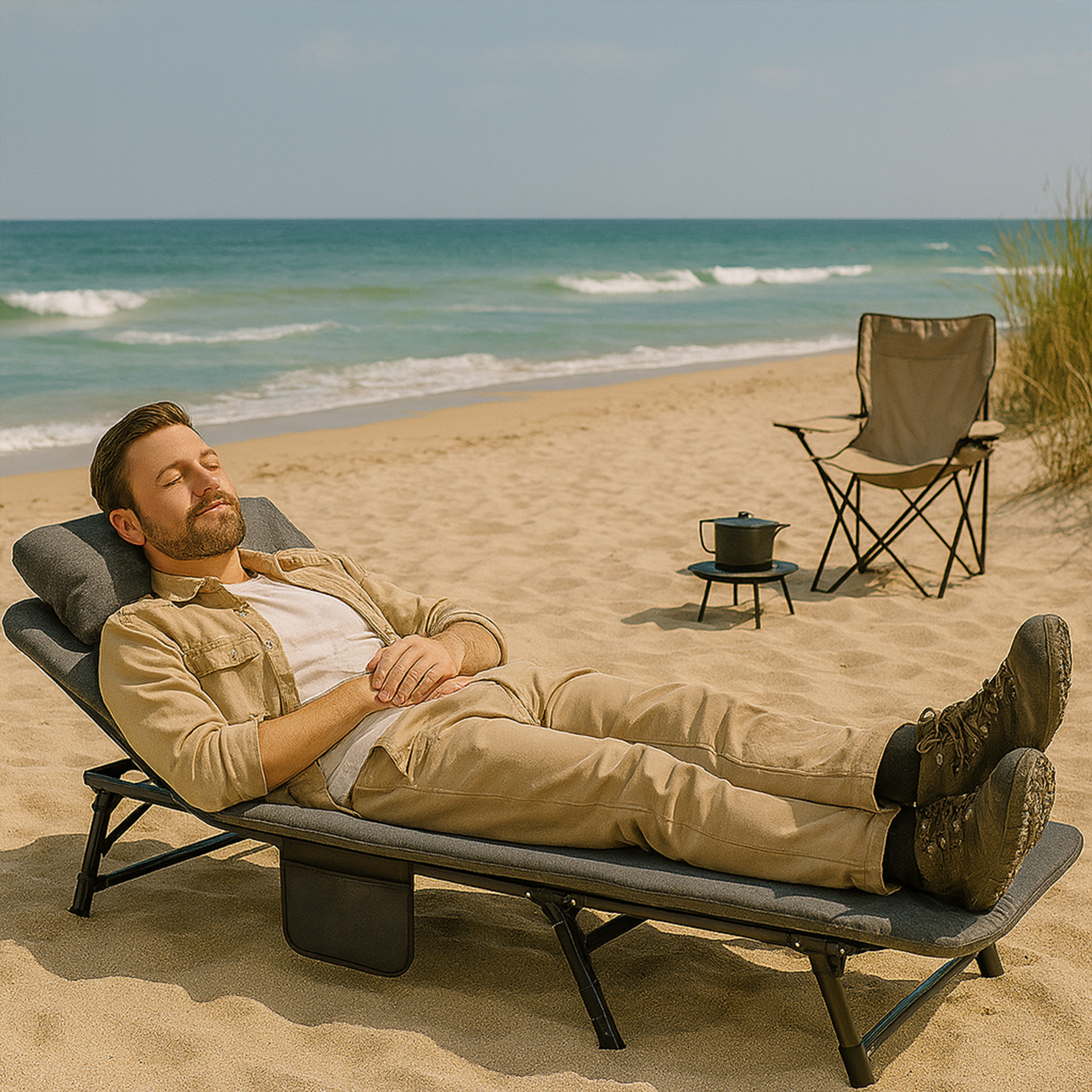 Eurocatch Opvouwbare Camping Stretcher – Verstelbaar Veldbed met 5-Standen Rugleuning, 4 Stevige Beugels, Zijvak, Gevuld Hoofdkussen – Compact & Comfortabel – 195×65×27 cm