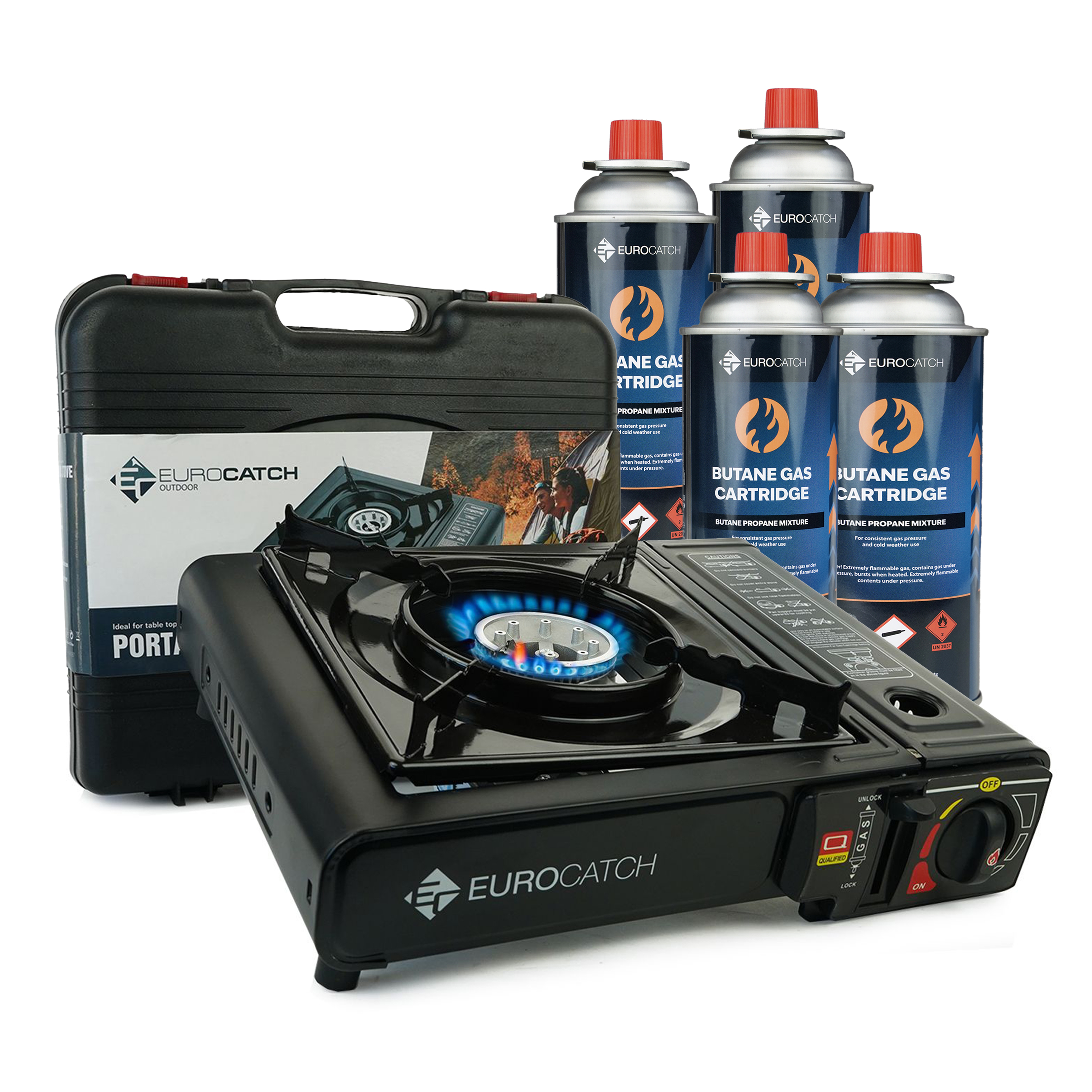 Eurocatch Outdoor - Kooktoestel op Gas - incl 4 Gasbussen -Gas Stove - Camping Kooktoestel - Gaspit - Gasfornuis - Gasstel - Cooker - Draagkoffer